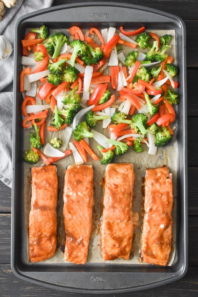 Baked teriyaki salmon with vegetables on a sheet pan