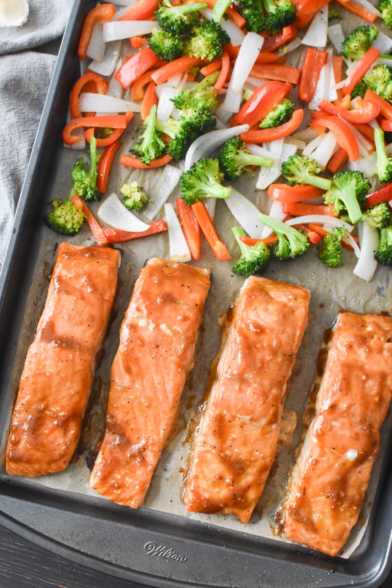 A sheet pan that has Salmon with Teriyaki Sauce and Roasted Vegetables on it.