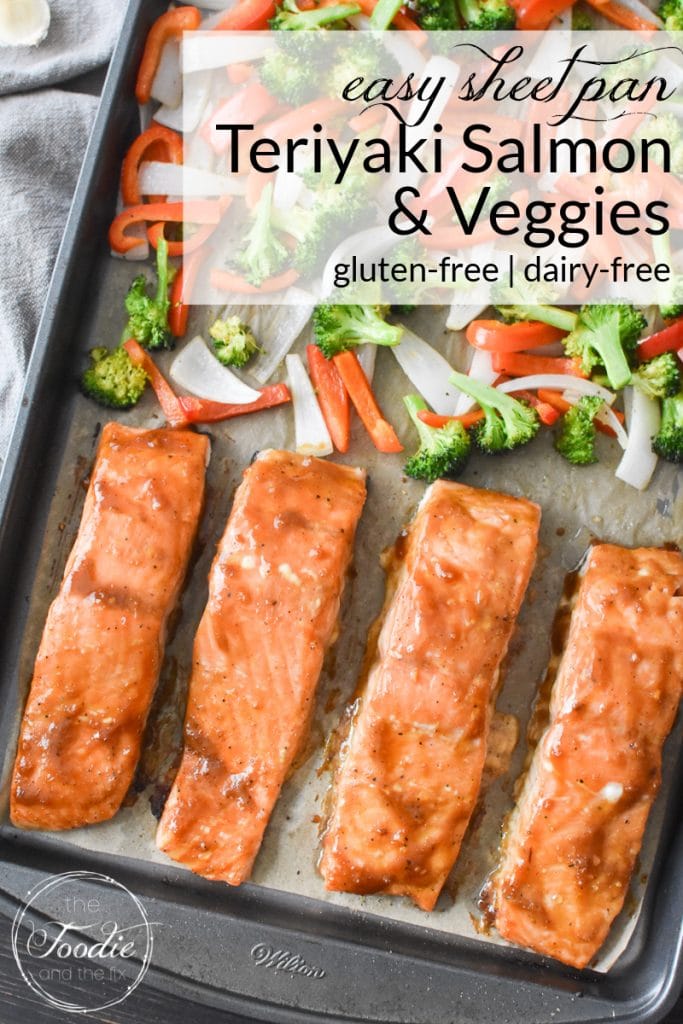 A pinterest pin showing a sheet pan with teriyaki salmon and vegetables on it.