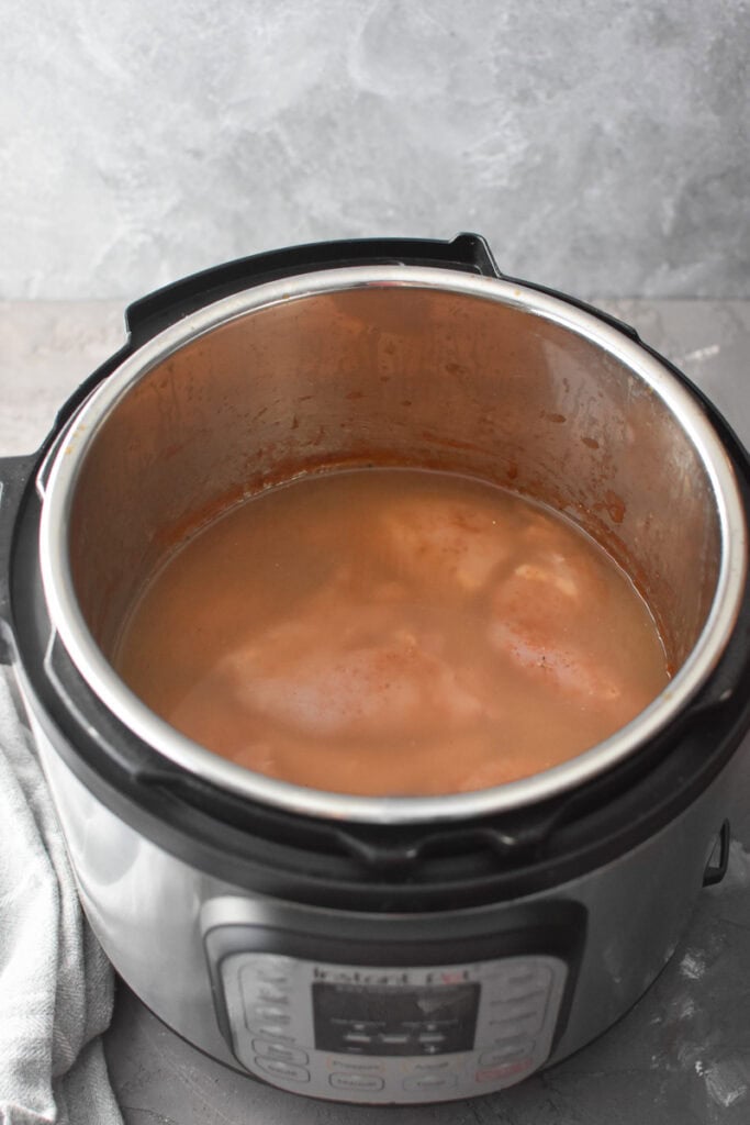 Seasoning chicken thighs covered with chicken broth in an Instant Pot.