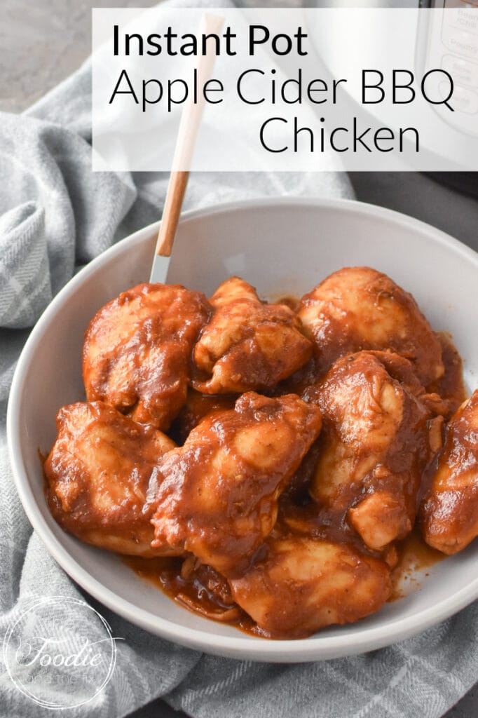 A serving bowl of Instant Pot Apple BBQ Chicken Thighs