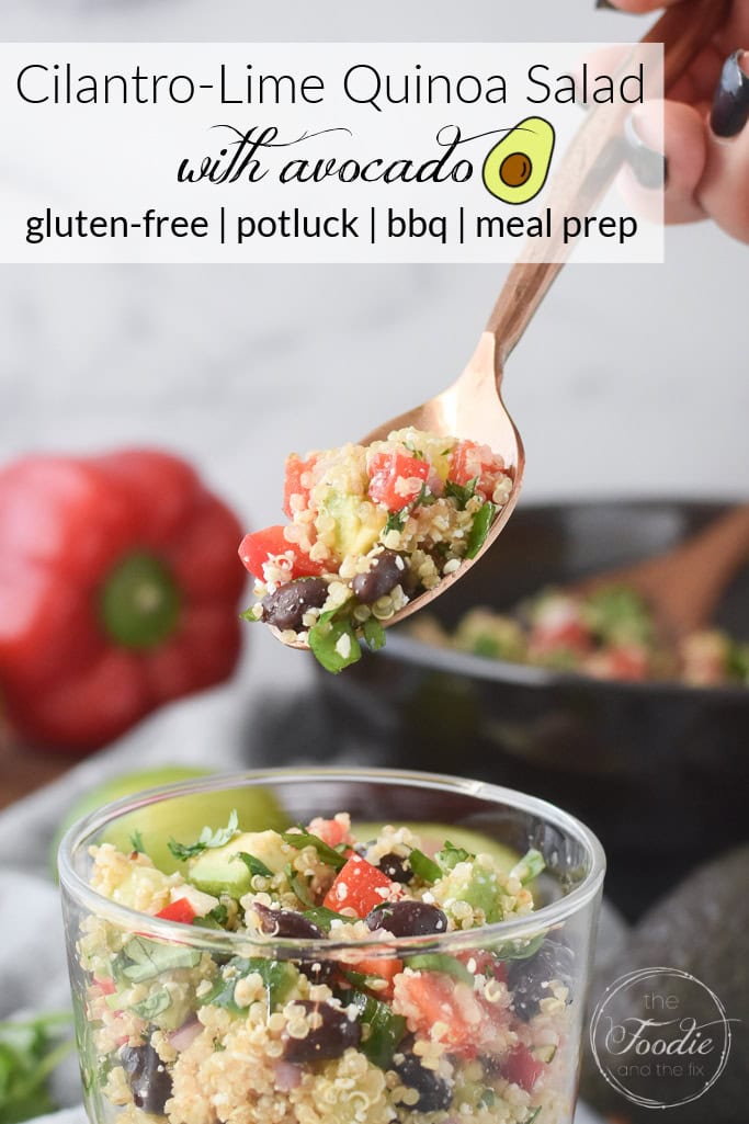 A pinterest image of Cilantro-Lime Quinoa Salad with Avocado that includes the title and "gluten-free, potluck, bbq, meal prep" overlaid on the photo.