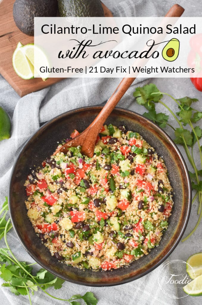 A pinterest image of Cilantro-Lime Quinoa Salad with Avocado that includes the title and "gluten-free, 21 Day Fix, Weight Watchers" overlaid on the photo.