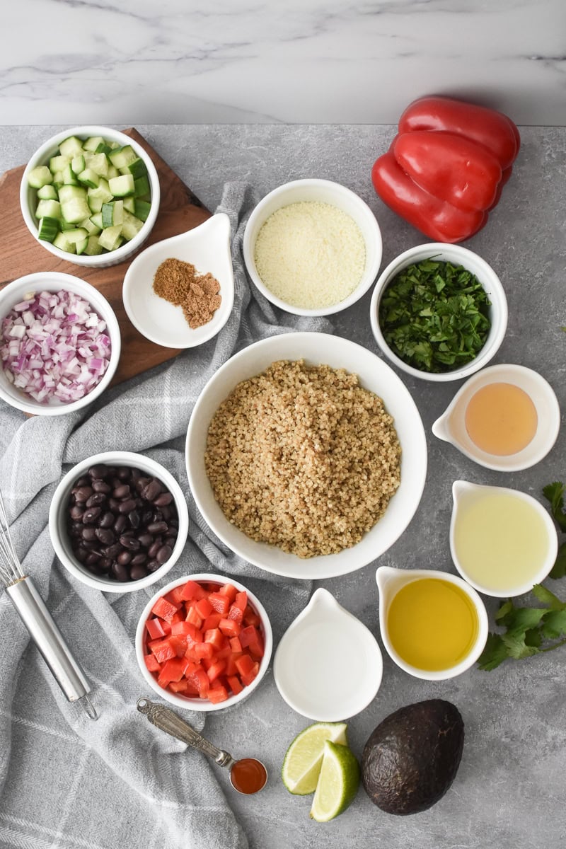 An overhead photo of all of the ingredients for Cilantro-Lime Quinoa with Avocado