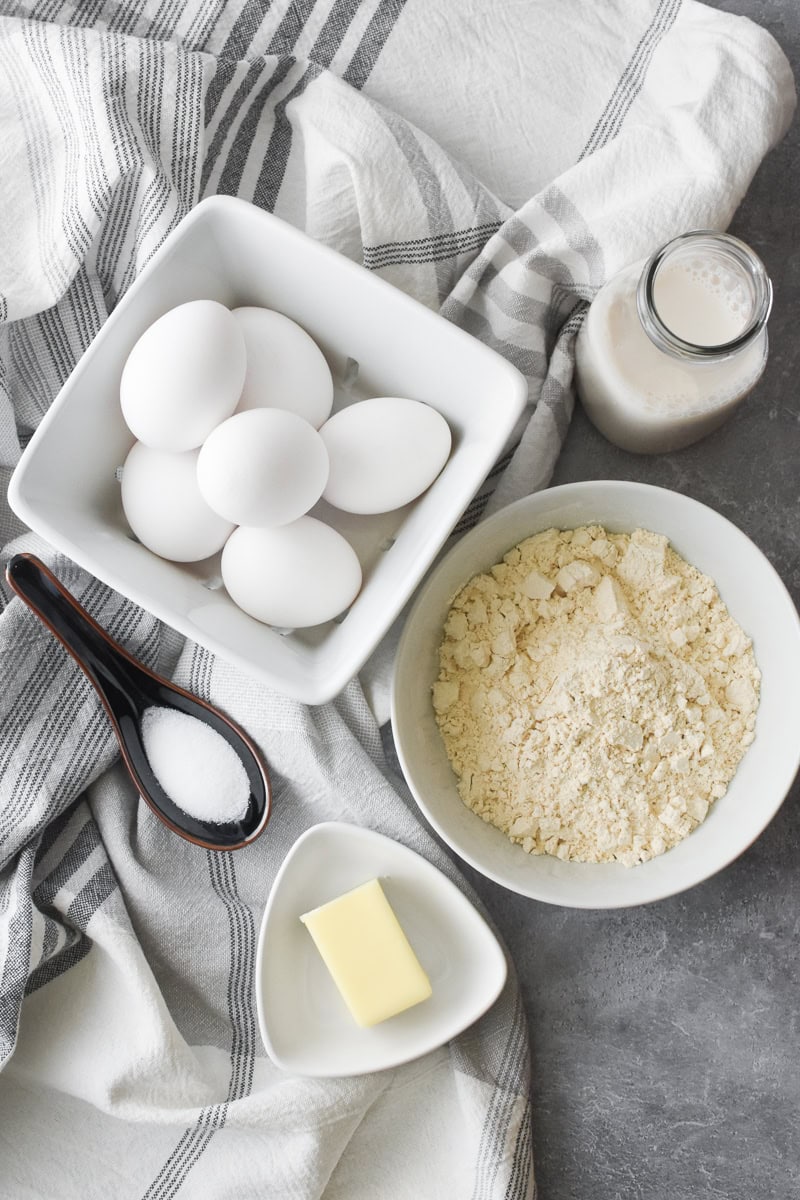 An overhead photo of all of the ingredients for Whole Wheat German Pancake.