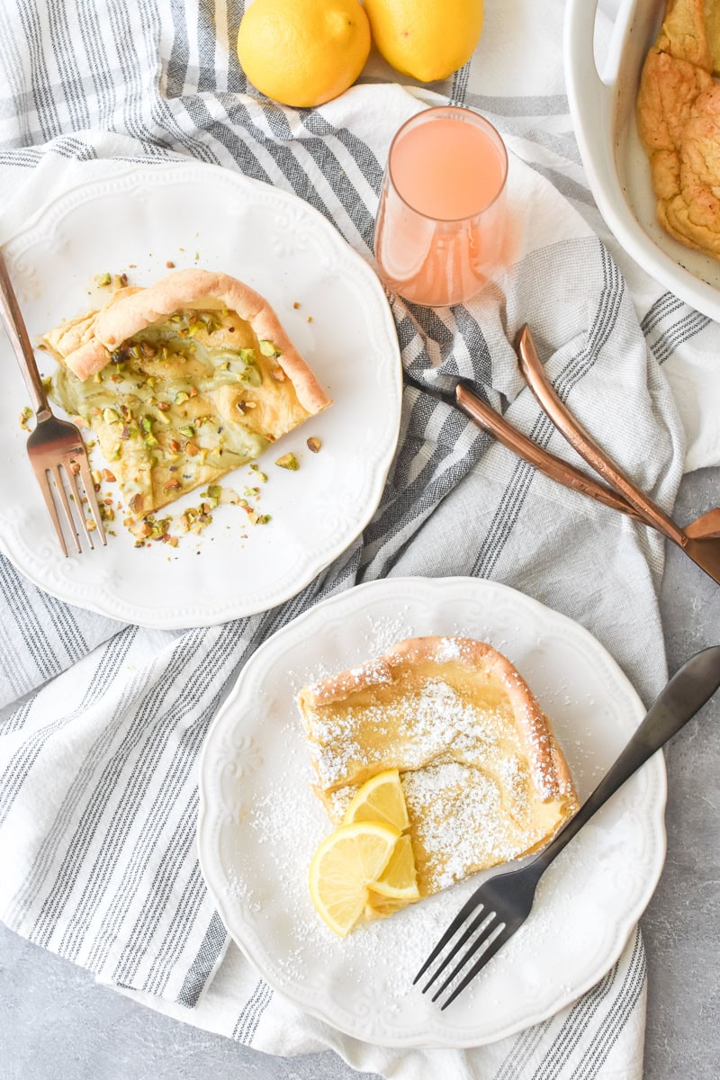 Two pieces of Whole Wheat German Pancake on white plates.